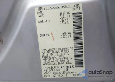 2014 Nissan Altima 2.5/2.5 S/2.5 Sl/2.5 Sv from USA, damaged, VIN 1N4AL3AP7EN379815